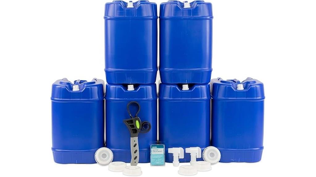 six 5 gallon water containers